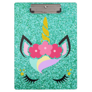 Personalised Unicorn Teal Glitter Clip Board