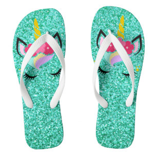 Personalised Unicorn Teal Glitter Flipflop Sandals