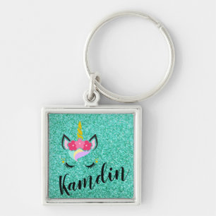 Personalised Unicorn Teal Glitter Key Chain