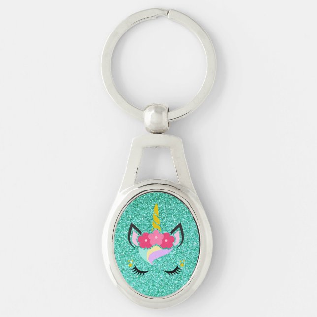 Personalised Unicorn Teal Glitter Key Chain (Front)