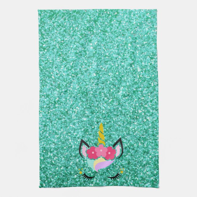 Personalised Unicorn Teal Glitter Kitchen Towel (Vertical)