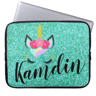 Personalised Unicorn Teal Glitter Laptop Case