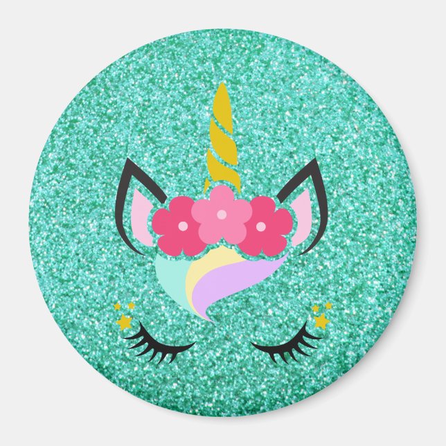 Personalised Unicorn Teal Glitter Magnet (Front)