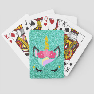 Personalised Unicorn Teal Glitter Playing Cards