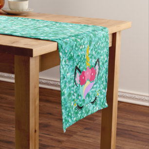 Personalised Unicorn Teal Glitter Table Runner