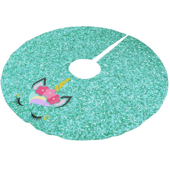 Personalised Unicorn Teal Glitter Tree Skirt (Angled)