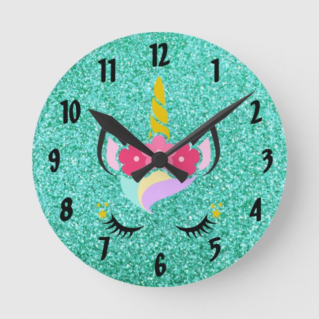 Personalised Unicorn Teal Glitter Wall Clock (Front)