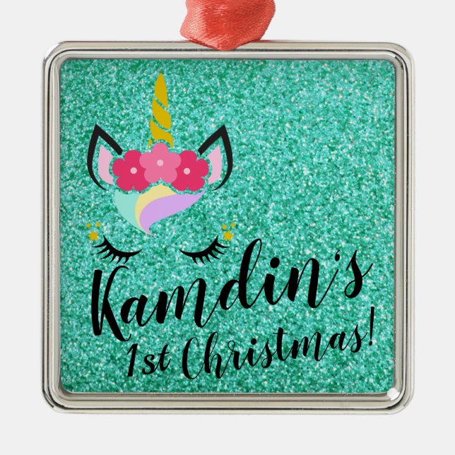 Personalised Unicorn Teal Glitter XMAS Ornament (Front)
