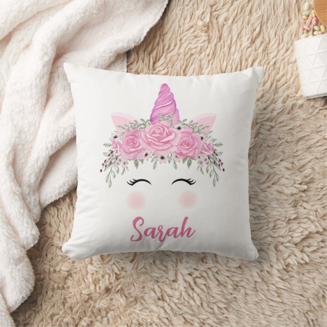 Personalised Unicorn Throw Pillow With Pink Name (Blanket)