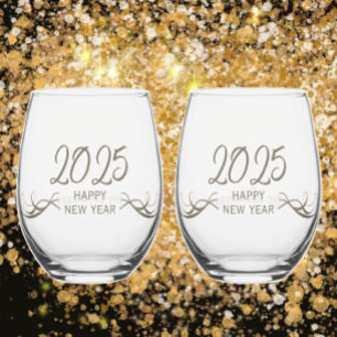 Personalised Unique Happy New Year 2025 Keepsake Stemless Wine Glass