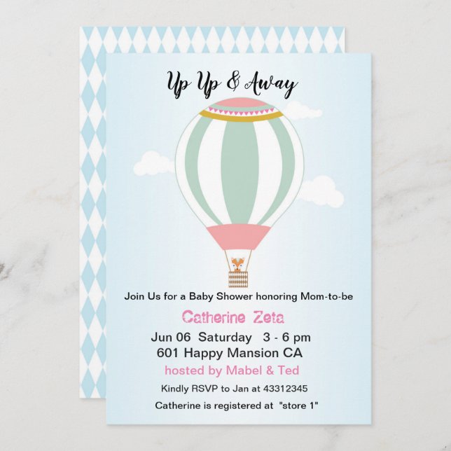 Personalised Up Up Hot Air Balloon Baby Shower Invitation (Front/Back)