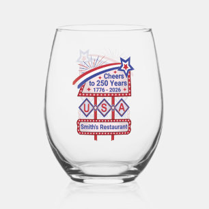 Personalised USA 250–Patriotic Retro Marquee Stemless Wine Glass