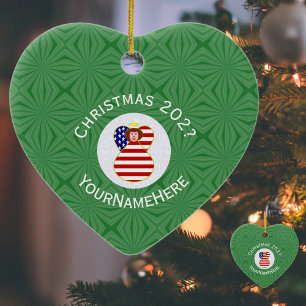 Personalised USA Angel Christmas Flag Red Hair Ceramic Tree Decoration