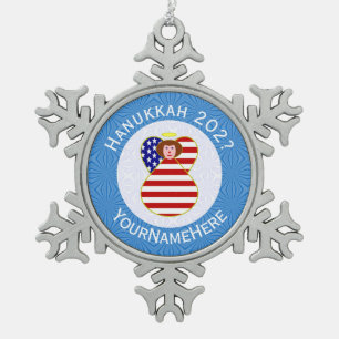 Personalised USA Angel Hanukkah Flag  Snowflake Pewter Christmas Ornament