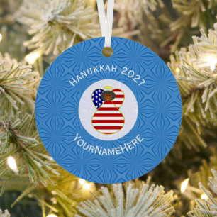 Personalised USA Black Angel Hanukkah Flag Metal Tree Decoration