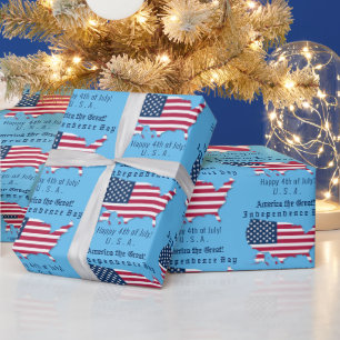 Personalised USA Flag, Map Happy 4th of July Blue Wrapping Paper