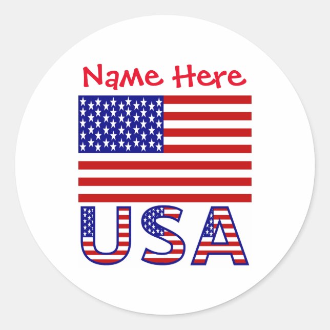 Personalised USA Flag Name Round Classic Round Sticker (Front)
