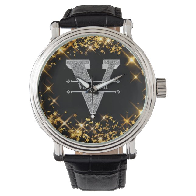 Personalised V Initial Silver Monogram Your Name Watch (Front)