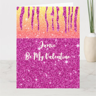 Personalised Valentine Hot Pink Glitter Two Tone  Card