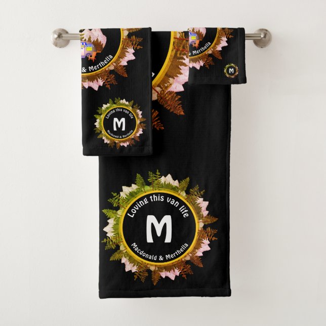 Personalised Van Life Camping MONOGRAM Black Bath Towel Set (Insitu)