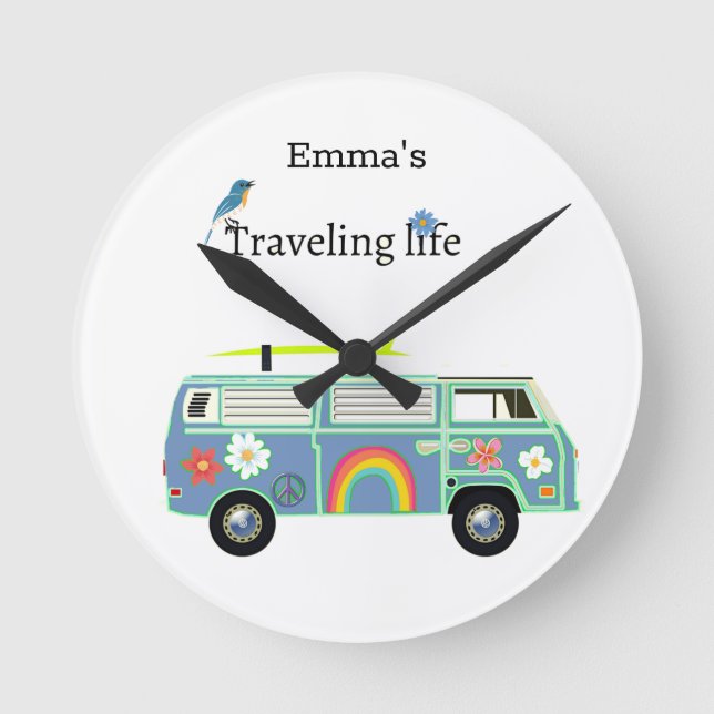 Personalised Van Life Travelling Soul Adventure Round Clock (Front)