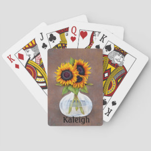 Personalised Vase of Orange Sunflowers on Brown Playing Cards
