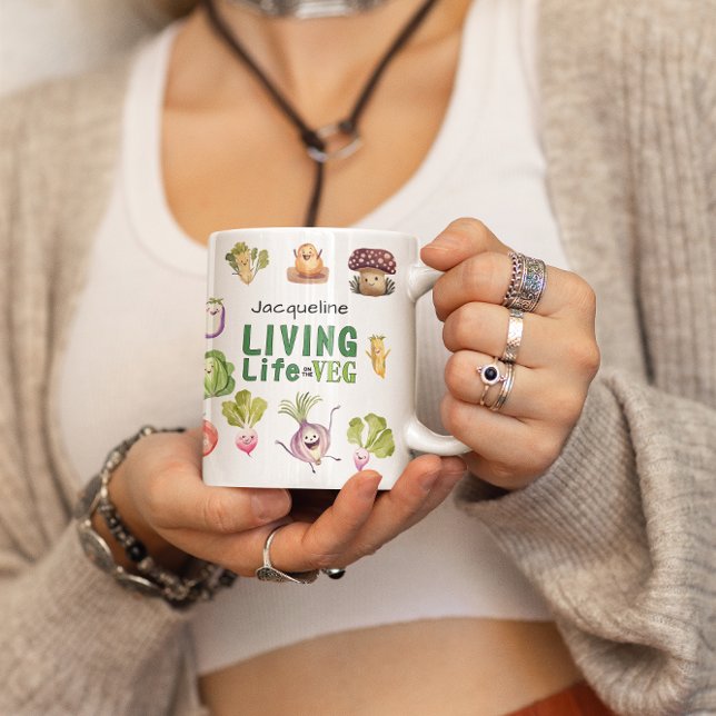 Personalised Vegan Living Life on the Veg Gift Coffee Mug (Living life on the veg personalized fun mug with happy smiling vegetables.)