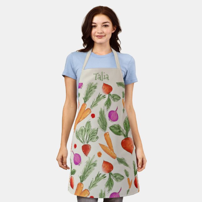 Personalised Vegetable Garden oatmeal colour Apron (Worn)
