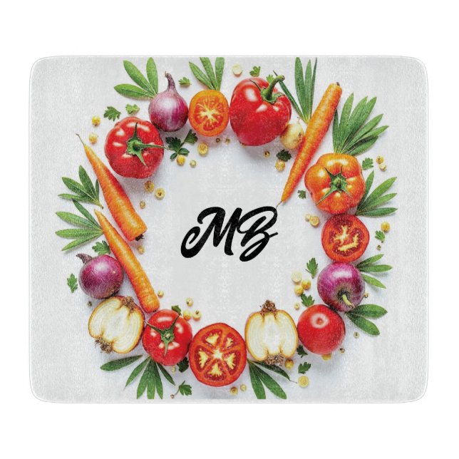 Personalised Vegetable Wreath Glass Cutting Board (Front)