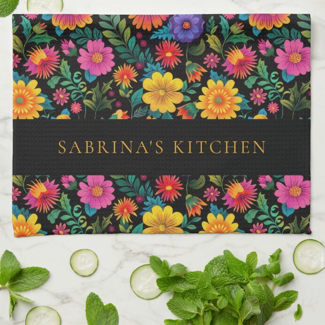 Personalised Vibrant Floral Pattern Dark Tea Towel (Folded)