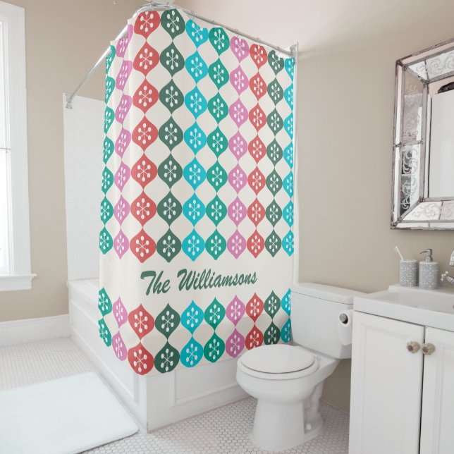 Personalised Vibrant Modern Christmas Geometric Shower Curtain (In Situ)