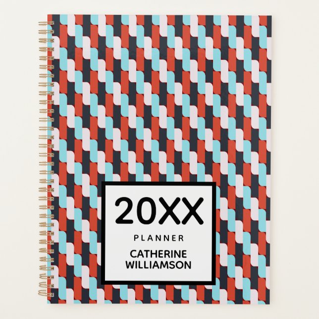 Personalised Vibrant Red Blue Geometric Pattern  Planner (Front)