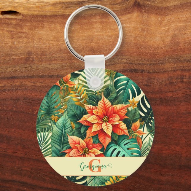 Personalised Vibrant Tropical Christmas Poinsettia Key Ring (Front)