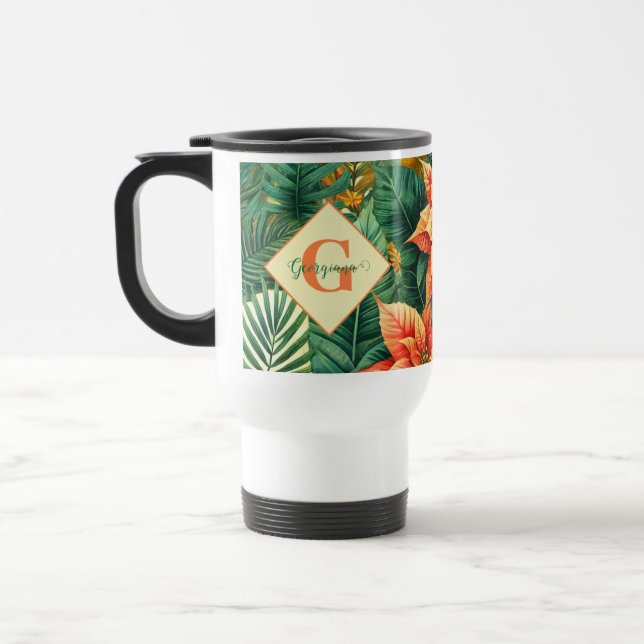 Personalised Vibrant Tropical Christmas Poinsettia Travel Mug (Left)