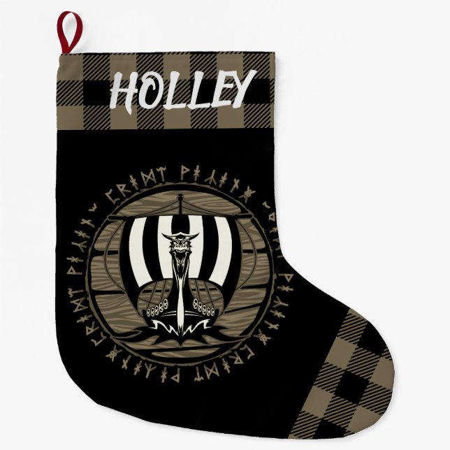 Personalised Viking Dragon Longship Sail Tan Black Large Christmas Stocking (Front)