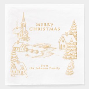 Personalised Village in Winter Christmas Gold Foil Napkins