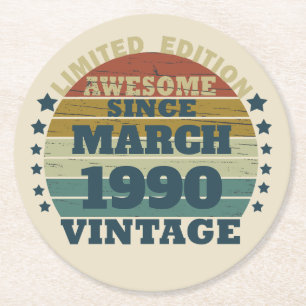 Personalised vintage 35th birthday party round paper coaster