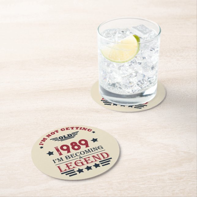 Personalised vintage 35th birthday party  round paper coaster (Insitu)
