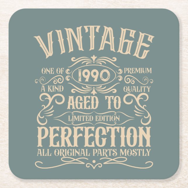 Personalised vintage 35th birthday party square paper coaster (Front)