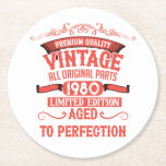 Personalised vintage 45th birthday gifts red round paper coaster<br><div class="desc">You can add some originality with this limited edition, premium quality, and original, classy, retro, and vintage-looking birthday graphic design with a cool typography font. This is a great gift idea for men, women, husbands, wives, girlfriends, and boyfriends who will love this one-of-a-kind piece of art. Unique and funny holiday...</div>