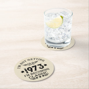 Personalised vintage 50th birthday gifts round paper coaster