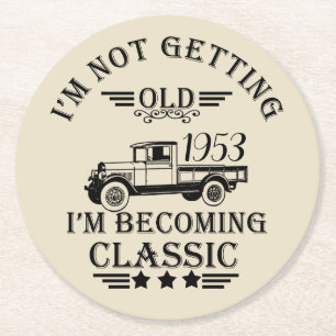 personalised vintage 50th birthday party round paper coaster