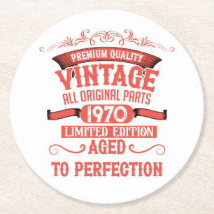 Personalised vintage 55th birthday party round paper coaster