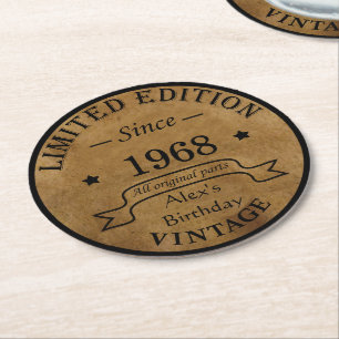 Personalised vintage 55th birthday party round paper coaster