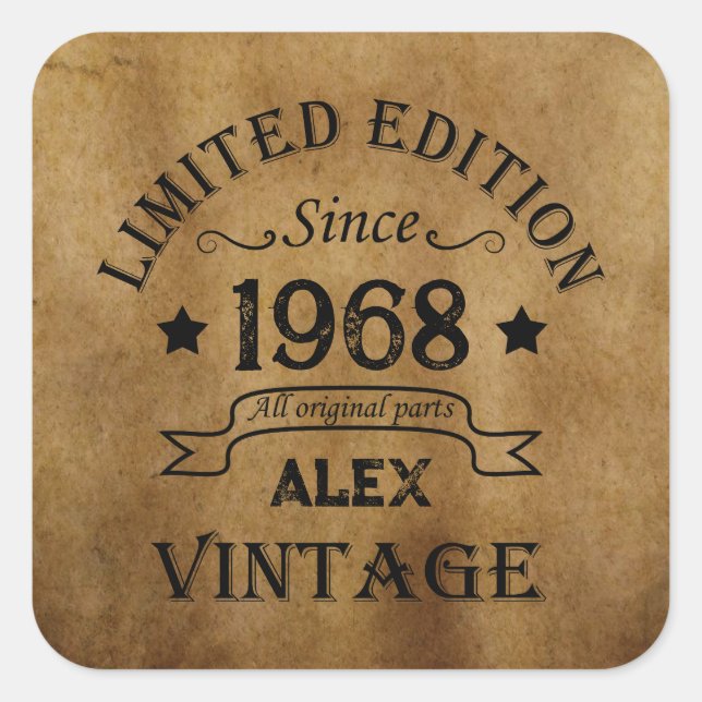Personalised vintage 55th birthday party square sticker (Front)