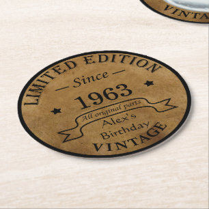 Personalised vintage 60th birthday gifts round paper coaster