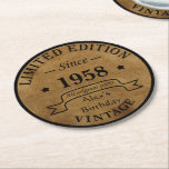 Personalised vintage 65th birthday gift round paper coaster<br><div class="desc">You can add some originality with this limited edition, premium quality, and original, classy, retro, and vintage-looking birthday graphic design with a cool typography font. This is a great gift idea for men, women, husbands, wives, girlfriends, and boyfriends who will love this one-of-a-kind piece of art. The best unique and...</div>