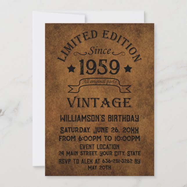 Personalised vintage 65th birthday party invitation (Front)