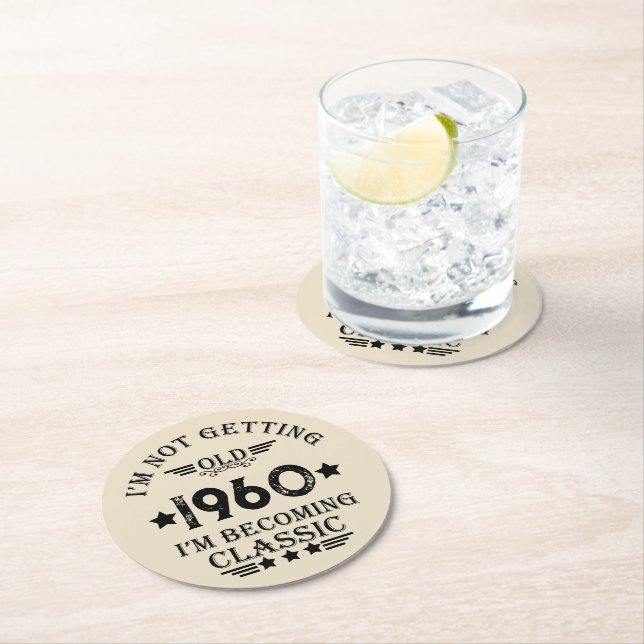 Personalised vintage 65th birthday party round paper coaster (Insitu)
