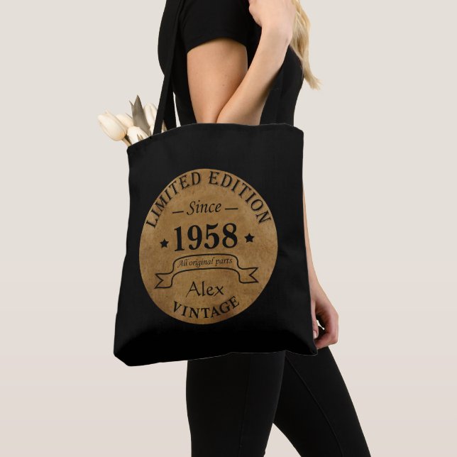 Personalised vintage 65th birthday party tote bag (Close Up)